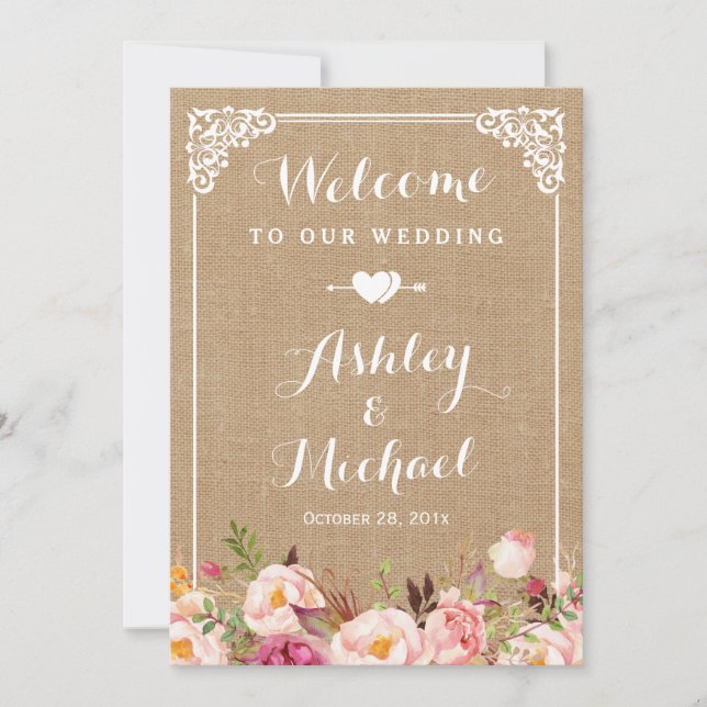 Wedding Welcome Sign | Rustic Burlap Floral Invitation (Front)