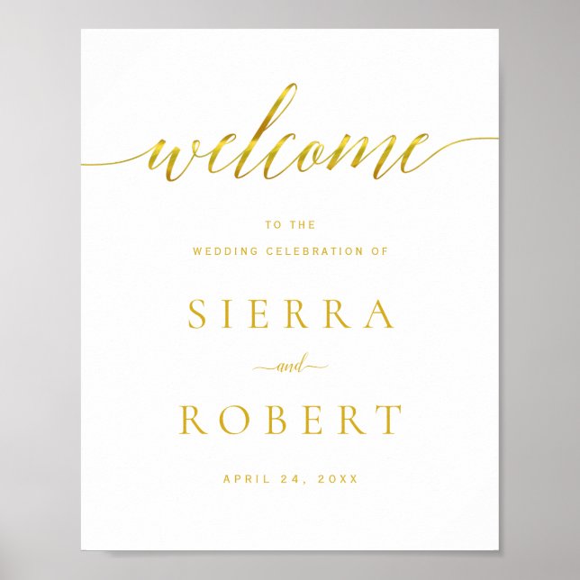 Wedding Welcome Sign with Elegant Faux Gold Script (Front)