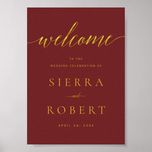 Wedding Welcome Sign with Elegant Faux Gold Script (Front)