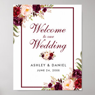 Wedding Welcome Watercolor Burgundy Floral Poster