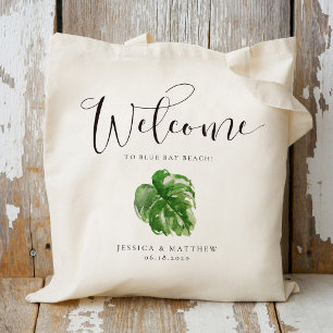 Wedding Welcome Watercolor Tropical Monstera Leaf Tote Bag
