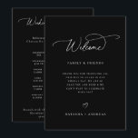 Wedding Welcome Weekend Timeline Programme<br><div class="desc">Modern minimalist wedding welcome and weekend event timeline program card in black and white. Template features,  welcome message on front and weekend itinerary timeline on back.  Wedding day icons timeline includes rings,  cocktail,  meal setting,  cake,  music note and car.</div>