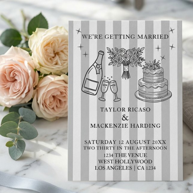 Wedding Whimsical Doodles Grey and White Invitation (Wedding Whimsical Doodles Invitation
by Ricaso. features wedding cake, bouquet and flutes)