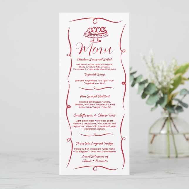 Wedding Whimsical Hand Drawn Illustrated French Menu (Standing Front)