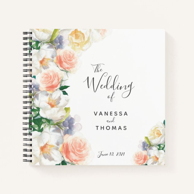 Wedding white coral romantic florals guest book (Front)