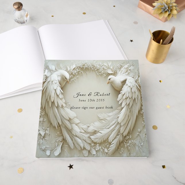 Wedding White Dove Open Wings Roses Guest Book (Front Open)