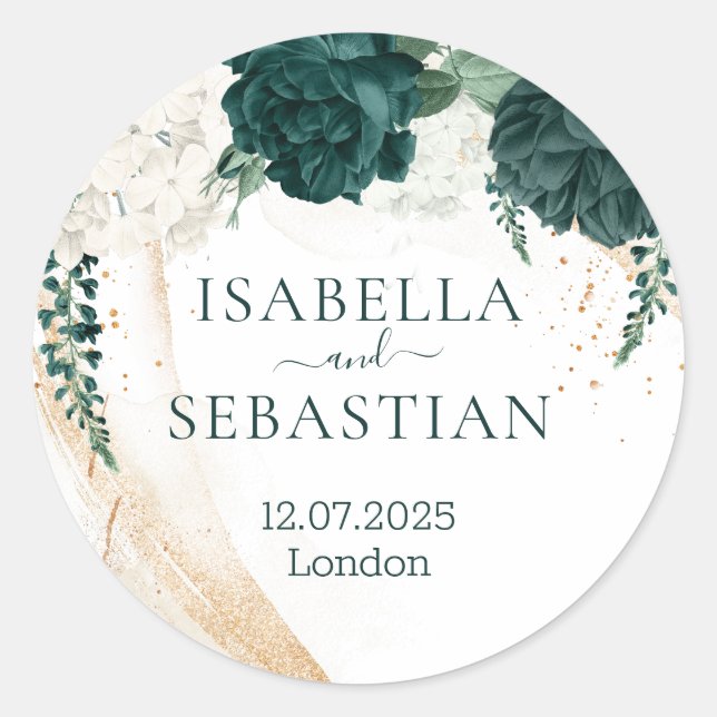 Wedding White Emerald Green Rose Floral Classic Round Sticker (Front)