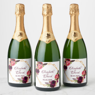 Wedding white floral geometric burgundy sparkling wine label