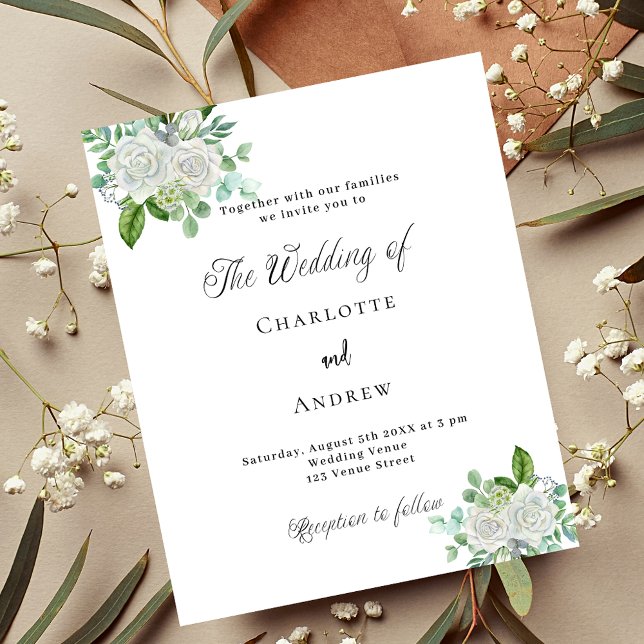 Wedding white florals greenery budget invitation flyer (Creator Uploaded)