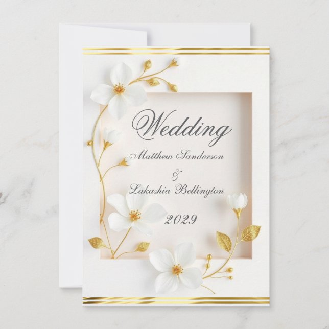 Wedding white flowers gold Beautiful Invitation (Front)