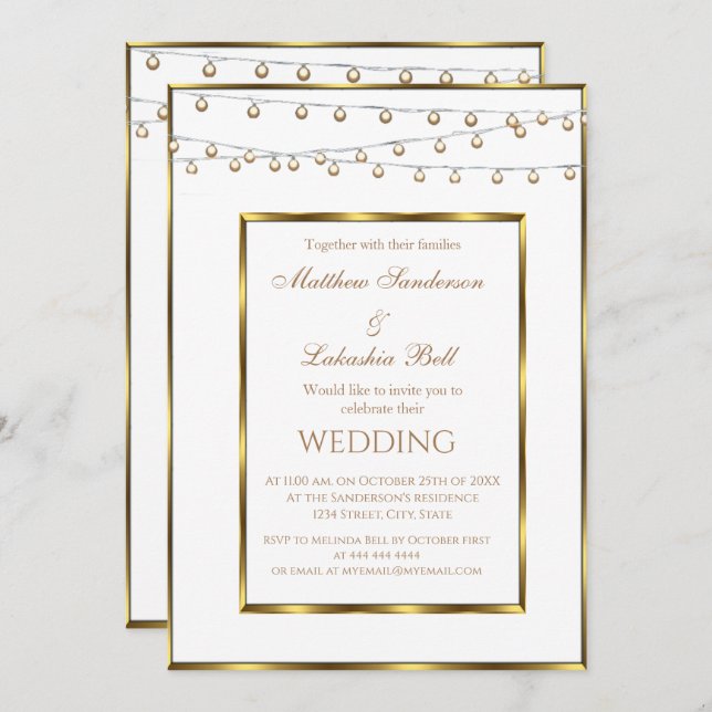 Wedding White Gold Fairy Lights Invitation (Front/Back)