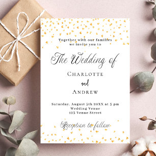 Wedding white gold hearts elegant script invitation