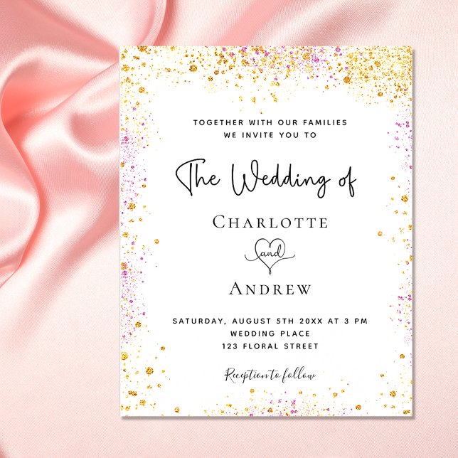 Wedding white gold pink glitter budget invitation (Creator Uploaded)
