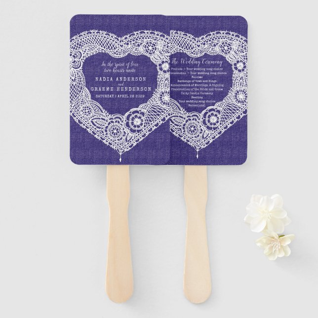 Wedding white lace navy effect fabric program fans (Front and Back)