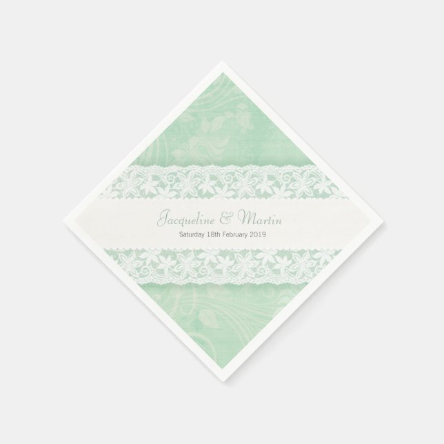 Wedding white lace on mint green paper napkins (Corner)