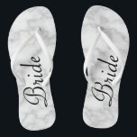 Wedding White Marble Print Bride Flip Flops<br><div class="desc">Customisable flip flops for your wedding day! Printed with a beautiful white marble pattern and text that reads Bride in a elegant script font. Text can be changed to read Mrs or Mr,  or names and monograms,  whatever you wish!</div>