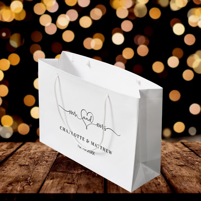 Wedding white mr mrs heart script large gift bag (Creator Uploaded)