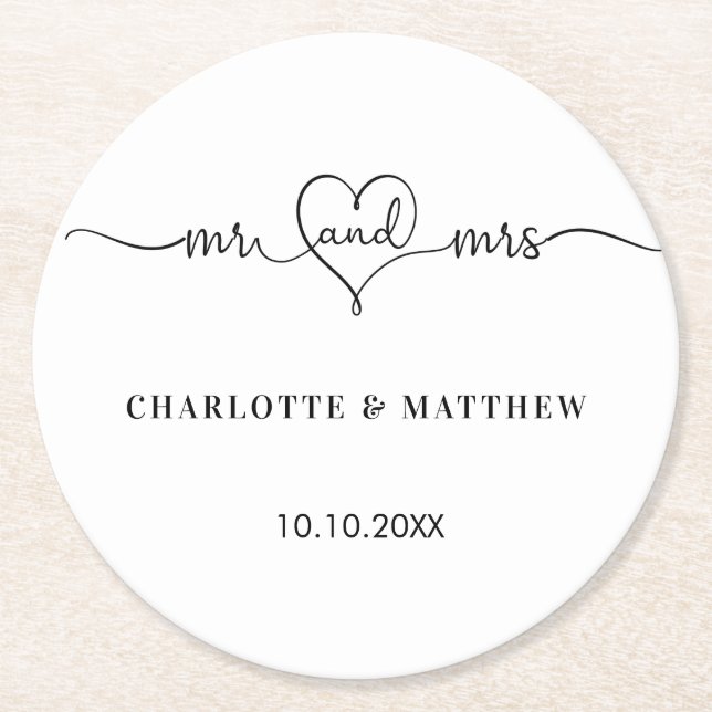Wedding white mr mrs heart script round paper coaster (Front)