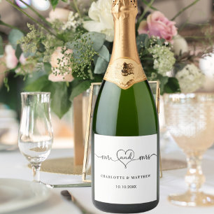 Wedding white mr mrs heart script sparkling wine label