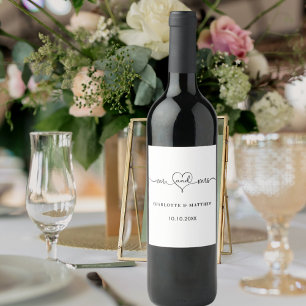 Wedding white mr mrs heart script wine label