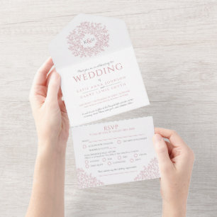 Wedding white muted pink leaves monogram all in one invitation