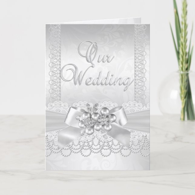 Wedding White Pearl Lace Damask Diamond Invitation (Front)