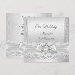 Wedding White Pearl Lace Damask Diamond Silver Invitation