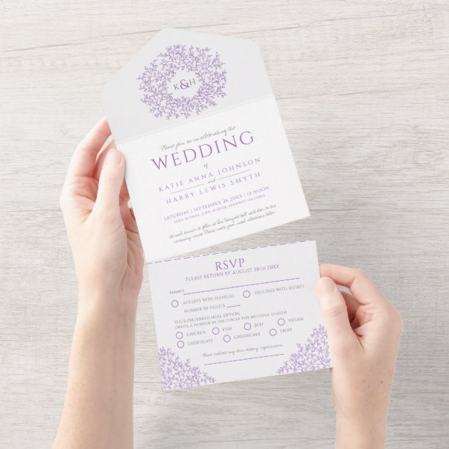 Wedding white purple leaves no envelope required all in one invitation (Tearaway)