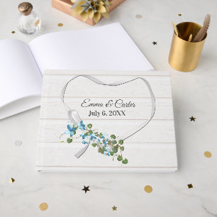 Wedding White Ribbon Heart on White Wood Guest Book
