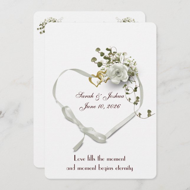Wedding White Ribbon Heart with Rings Invitation (Front/Back)