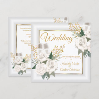 Wedding White Rose Floral Champagne Gold Invitation