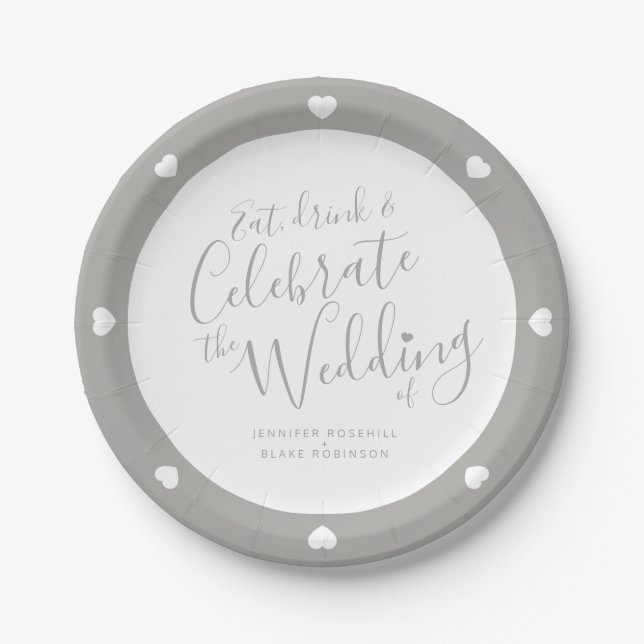 Wedding white script and grey hearts paper plates (Front)