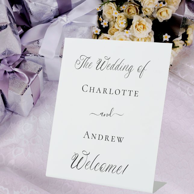 Wedding white script modern welcome pedestal sign (Creator Uploaded)