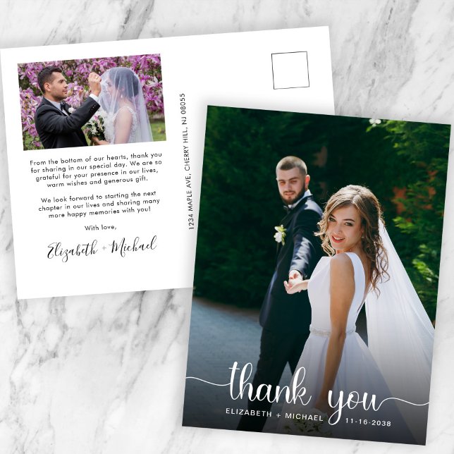 Wedding White Script Photo Overlay Thank You Postcard (Creator Uploaded)