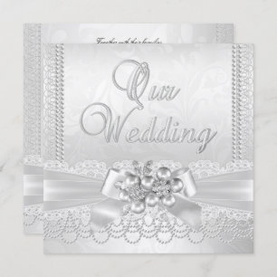 Wedding White Silver Pearl Lace Damask Diamond Invitation