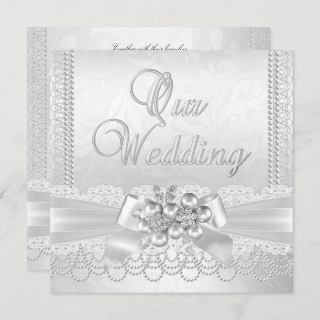 Wedding White Silver Pearl Lace Damask Diamond Invitation (Front/Back)