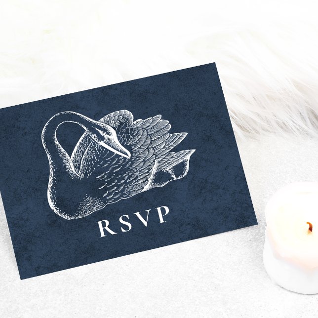 Wedding White Swan Navy Blue RSVP Invitation Postcard (Creator Uploaded)