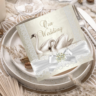 Wedding White Swans Cream Pearl Lace Damask SQ Invitation