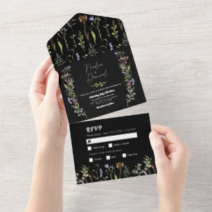 Wedding Wildflower Floral Dark Invite & RSVP
