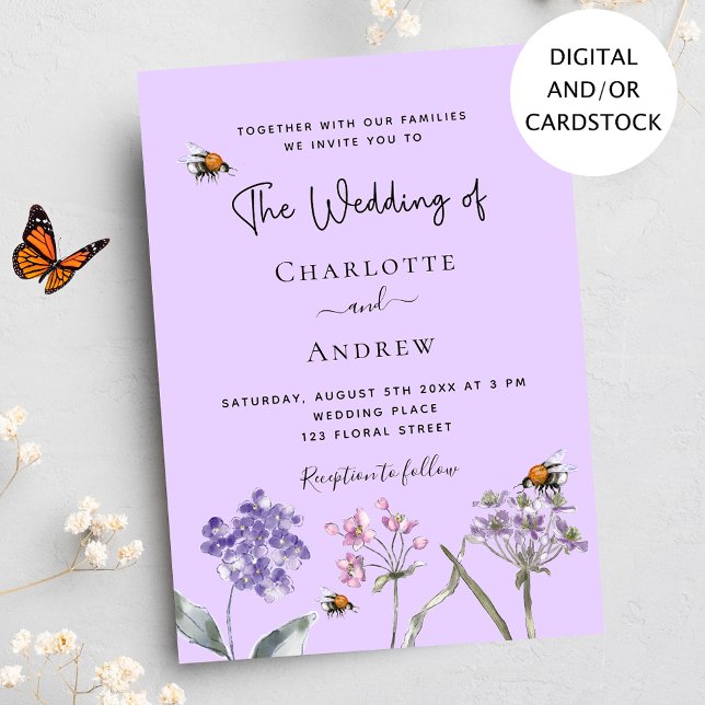 Wedding wildflowers lavender pink bee invitation (Creator Uploaded)
