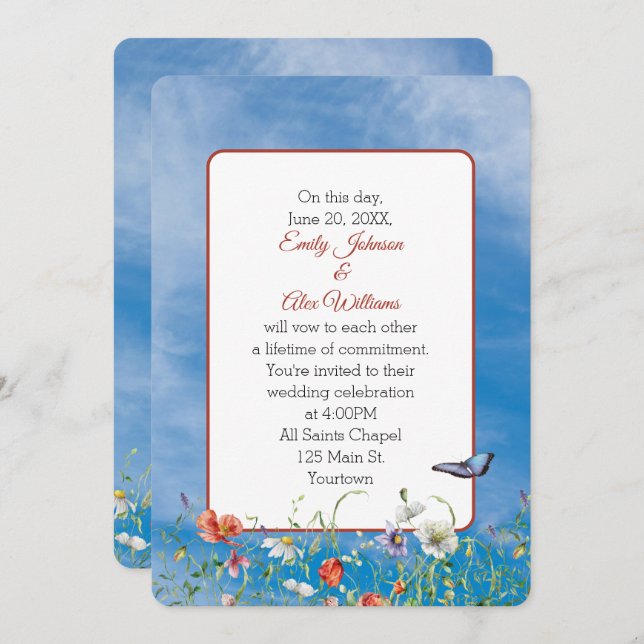 Wedding Wildflowers On Summer Sky Invitation (Front/Back)