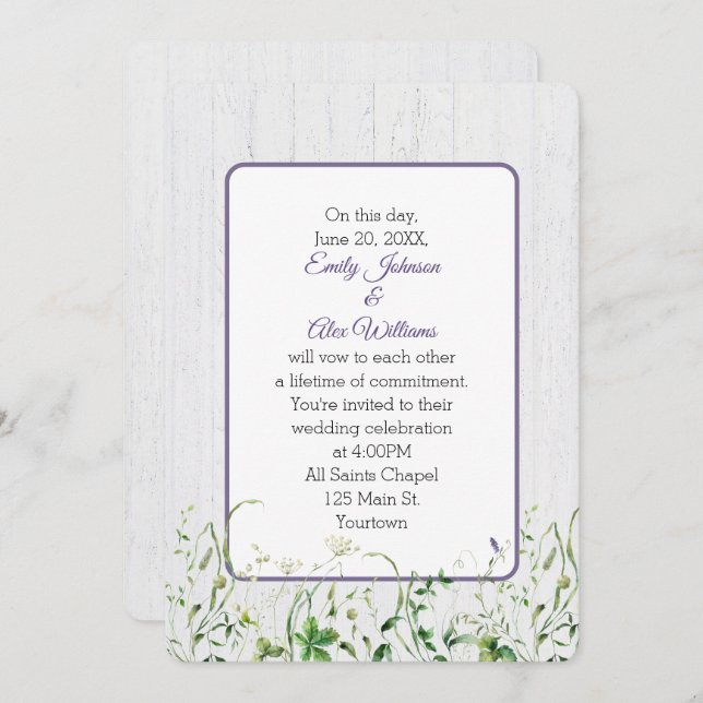Wedding Wildflowers On Whitewashed Wood Invitation (Front/Back)
