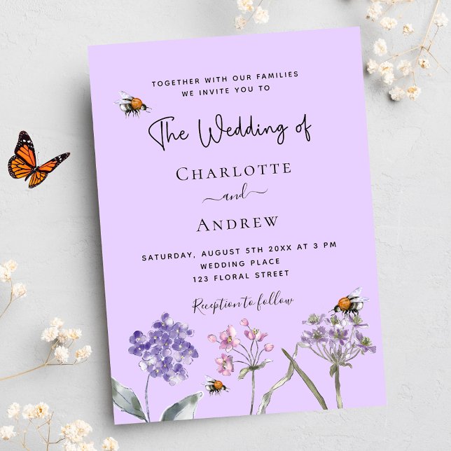 Wedding wildflowers violet pink bee invitation postcard (Creator Uploaded)