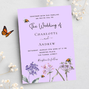 Wedding wildflowers violet pink bee luxury invitation