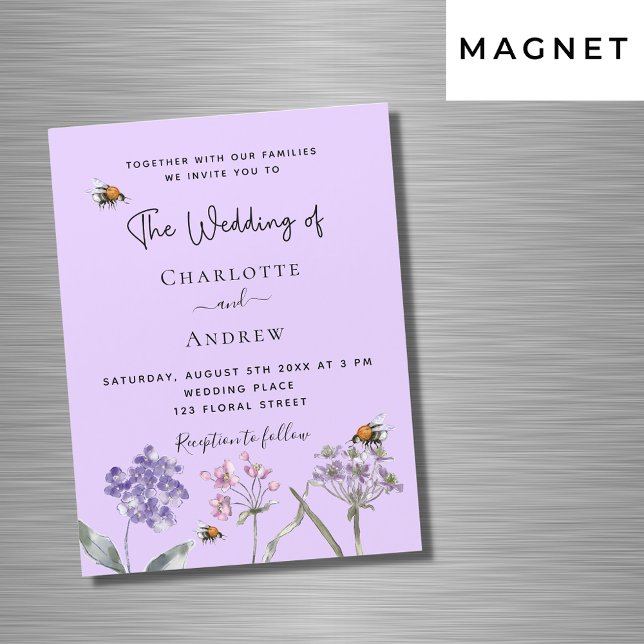 Wedding wildflowers violet pink bee luxury magnetic invitation (Creator Uploaded)