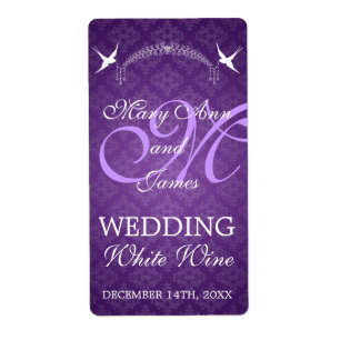 Wedding Wine Label Birds Monogram Purple