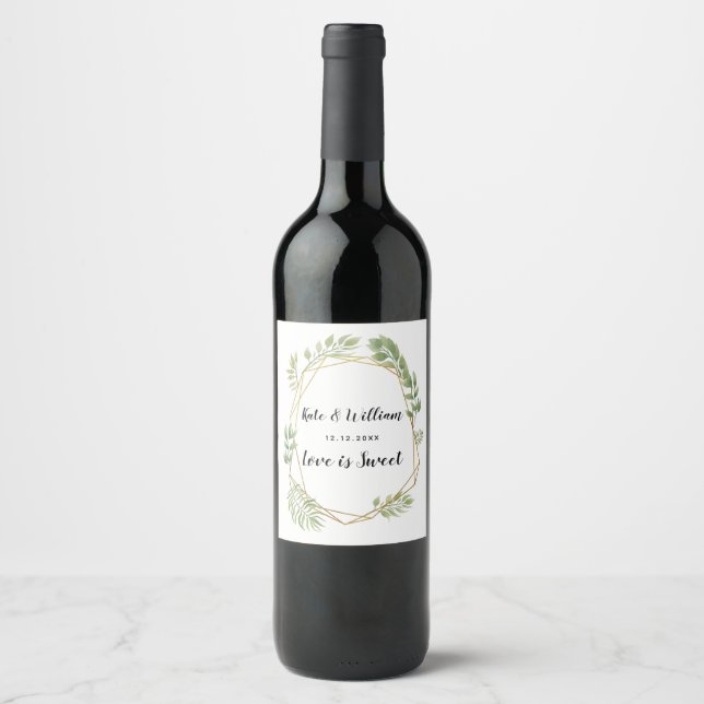 wedding wine label foliage greenery leaf crystal (Front)
