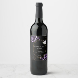 Wedding Wine Label Purple Flowers & Black