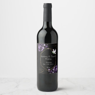 Wedding Wine Label Purple Flowers & Black