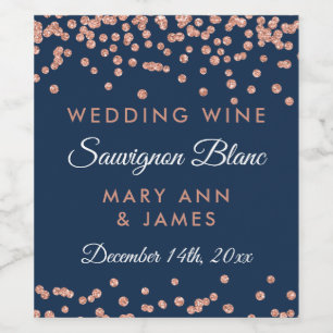 Wedding Wine Label Rose Gold Glitter Confetti Navy